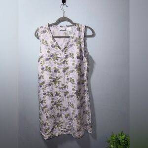 Kathy Ireland Floral Linen Vintage Shift Purple Midi V Neck Deadstock dress Larg